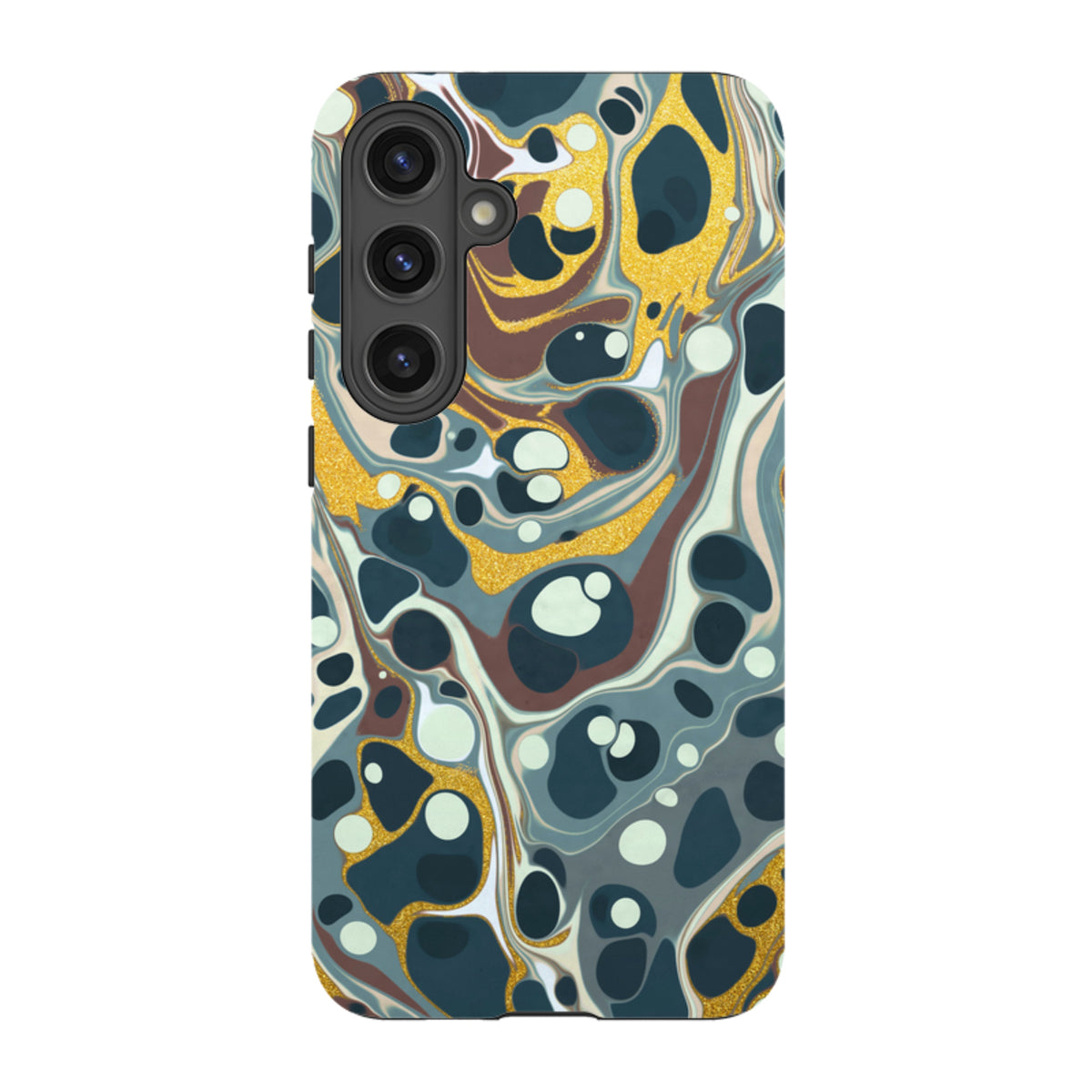 Samsung Tough Case featuring a swirling abstract pattern of dark blue, brown, and gold glitter accents for Galaxy phones.