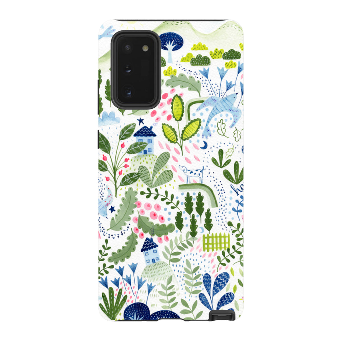 Samsung Tough Case featuring Bex Parkin’s whimsical garden illustration with houses, plants, and a dog on a white background.