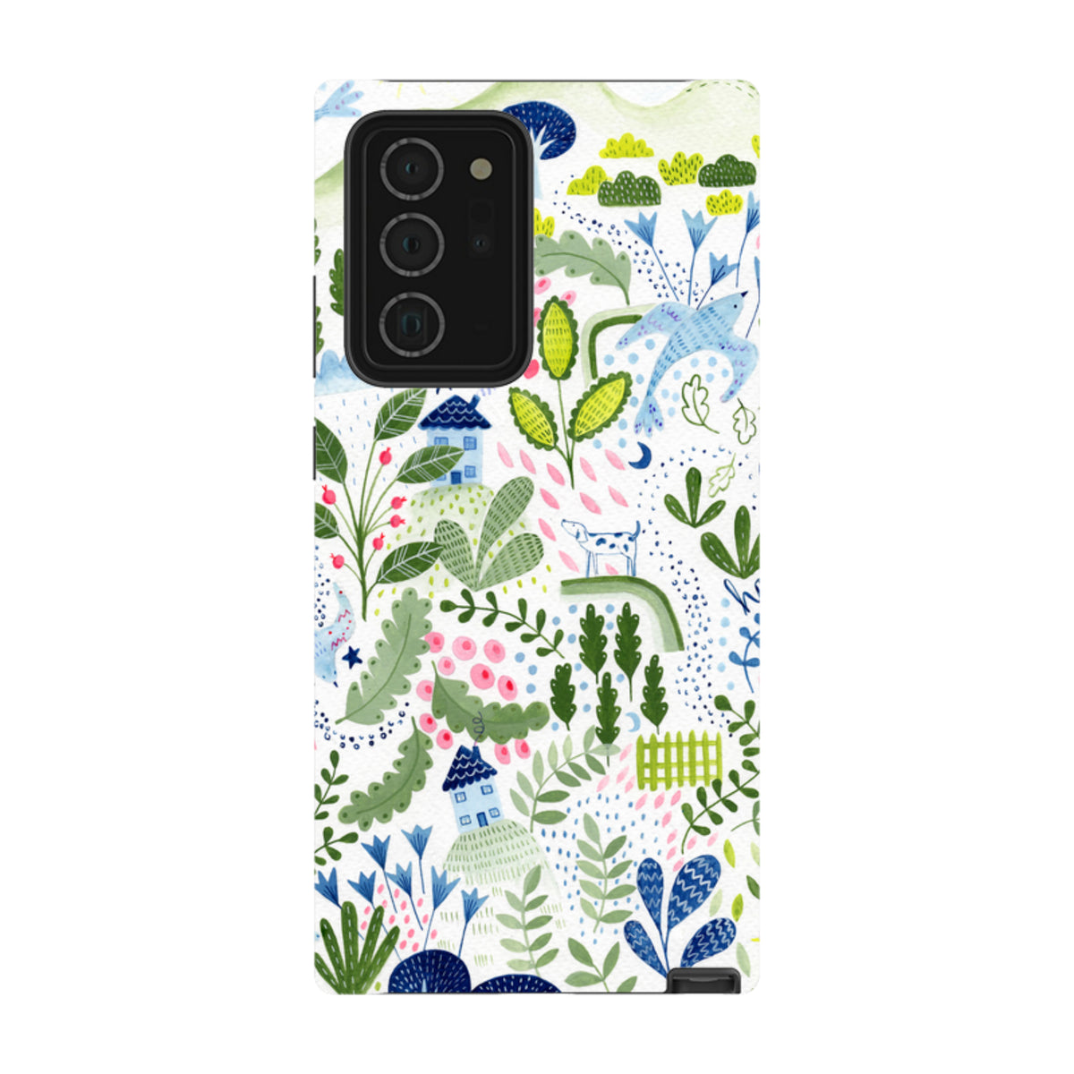Samsung Tough Case featuring Bex Parkin’s whimsical house, plant, and animal watercolor print on a durable dual-layer shell.