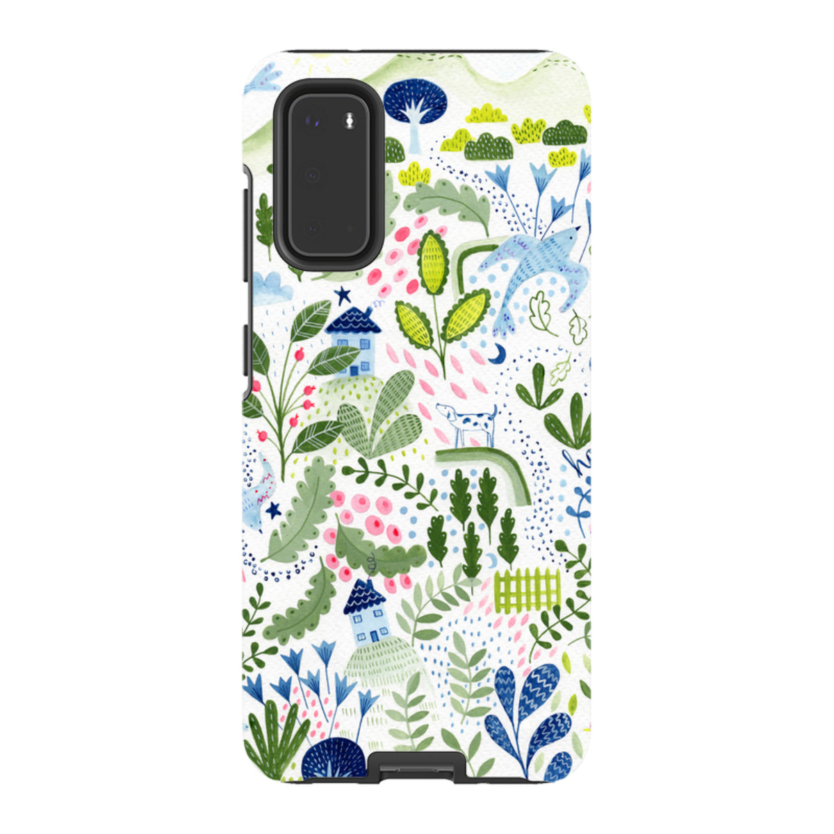 Samsung Tough Case featuring Bex Parkin's whimsical nature-inspired art with houses, plants, and animals on white.