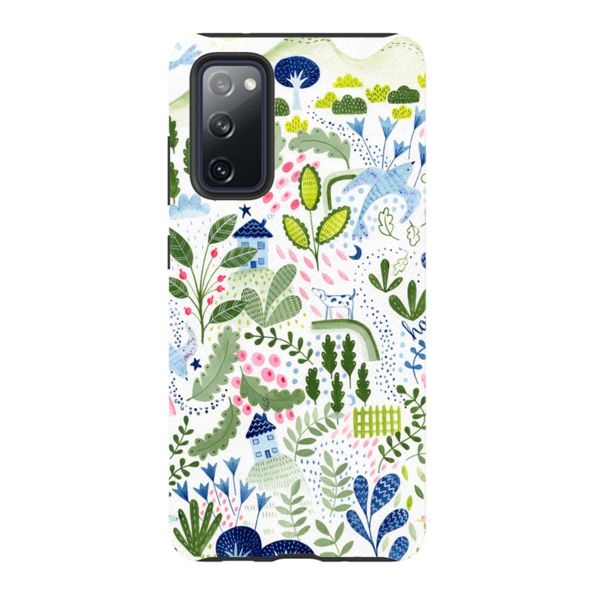 Samsung Tough Case featuring Bex Parkin's whimsical nature-inspired art with houses, plants, and animals on a white background.
