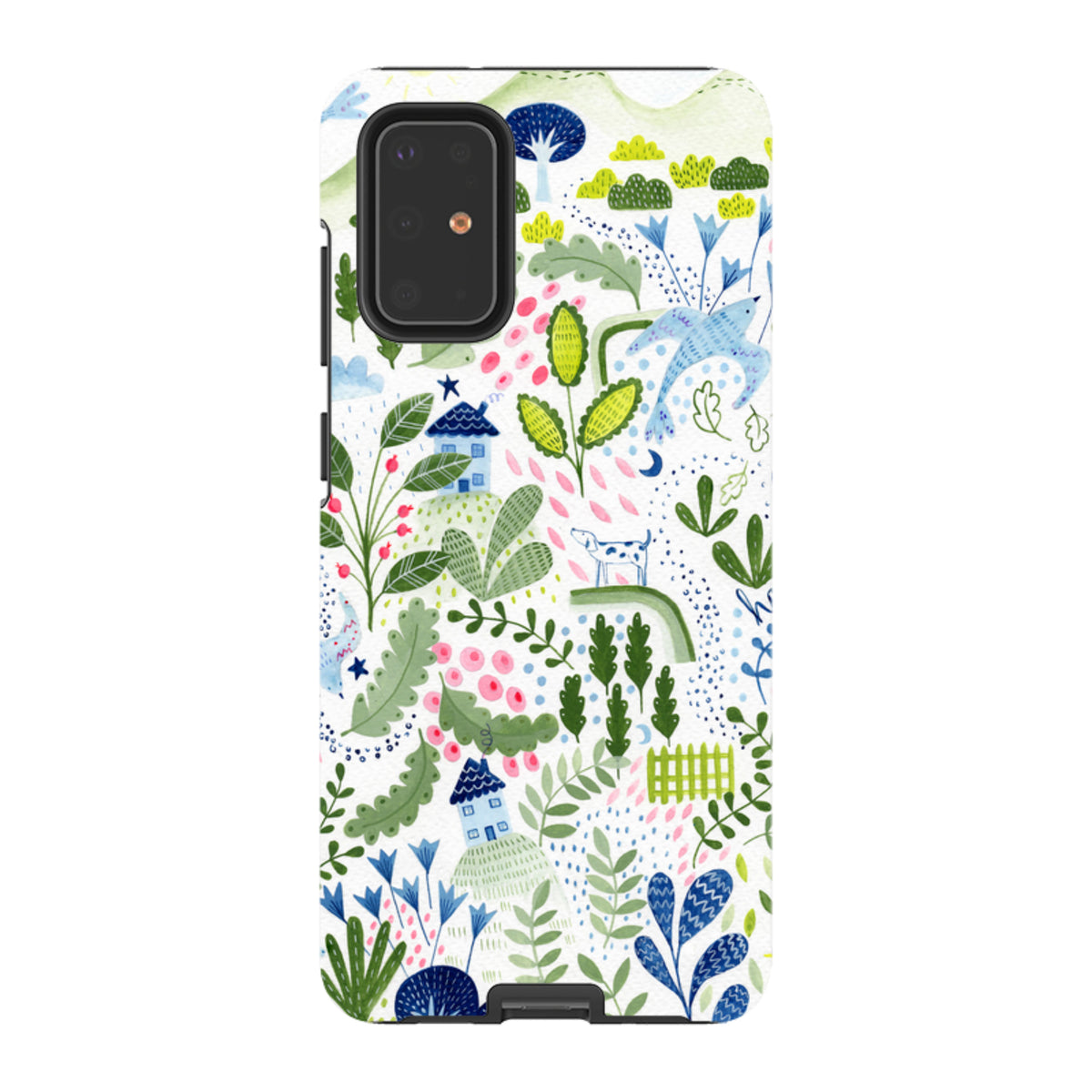 Samsung Galaxy tough case featuring a vibrant Bex Parkin nature and house illustration with a protective dual-layer design.
