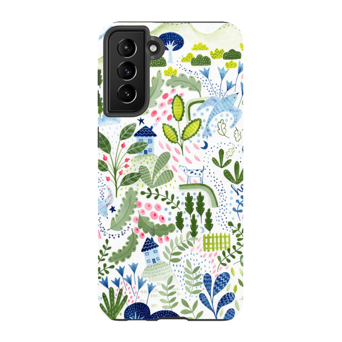 Samsung Tough Case featuring a colorful Bex Parkin botanical and house illustration on a durable dual-layer phone cover.