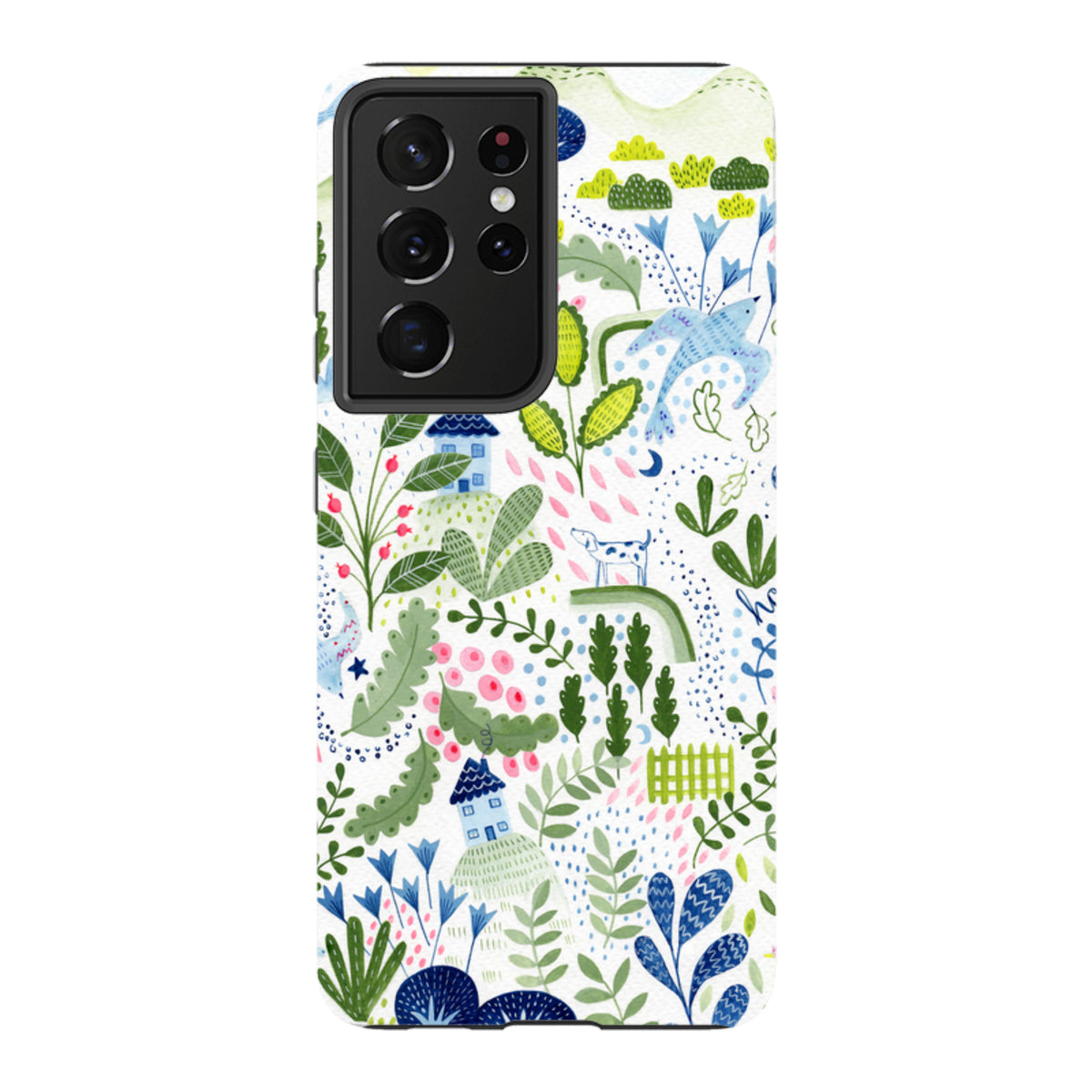 Samsung Tough Case with a vibrant, whimsical garden and house pattern by Bex Parkin on a dual-layer protective shell.