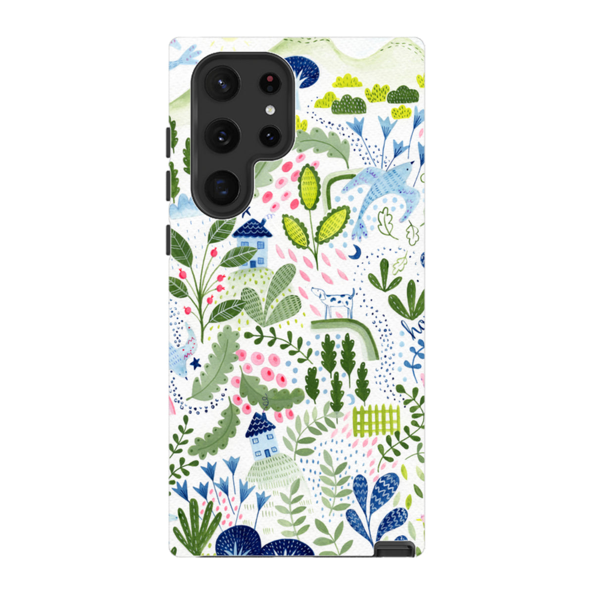 Samsung Tough Case featuring Bex Parkin’s whimsical floral, house, and animal pattern in vibrant watercolor tones.
