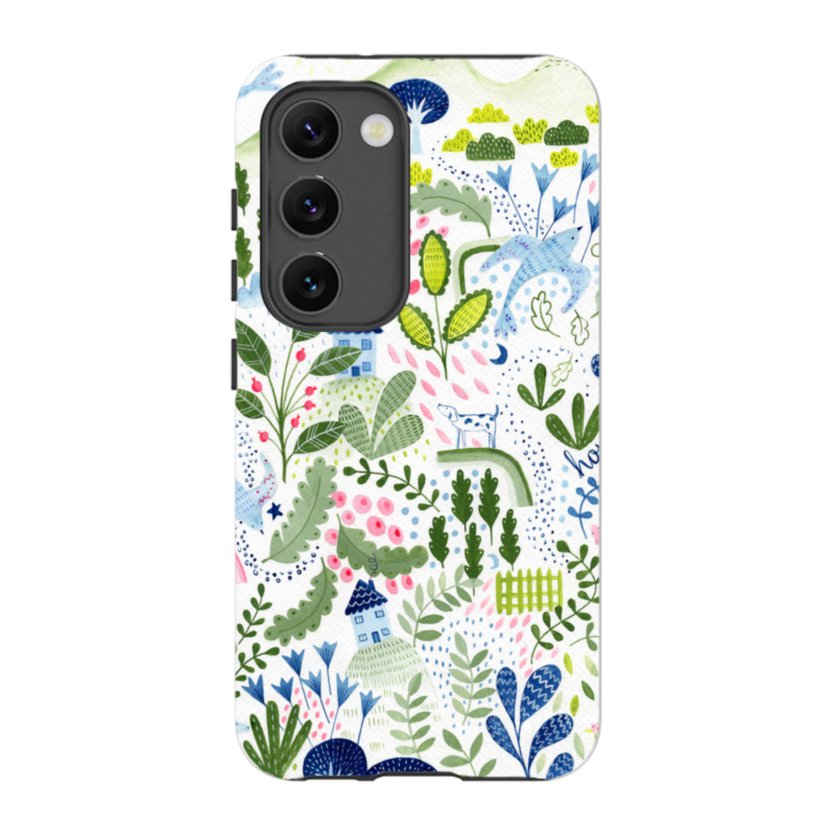 Samsung Tough Case featuring Bex Parkin's whimsical nature and house art with vibrant floral and animal illustrations.