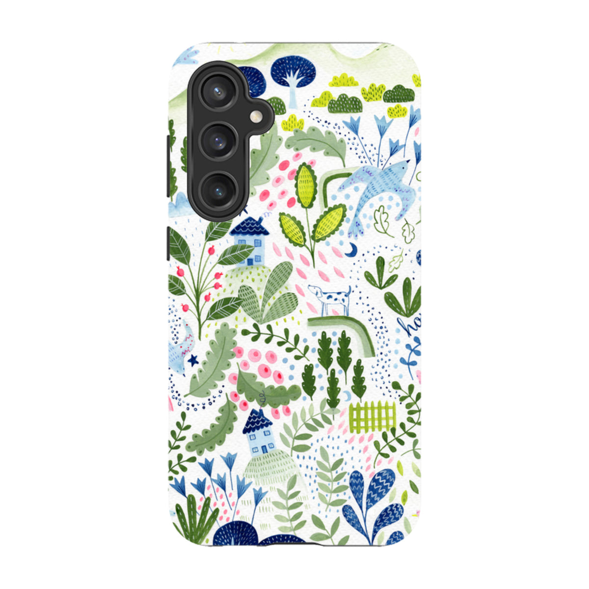 Samsung Tough Case featuring Bex Parkin's whimsical home and nature illustration with vibrant botanical patterns.