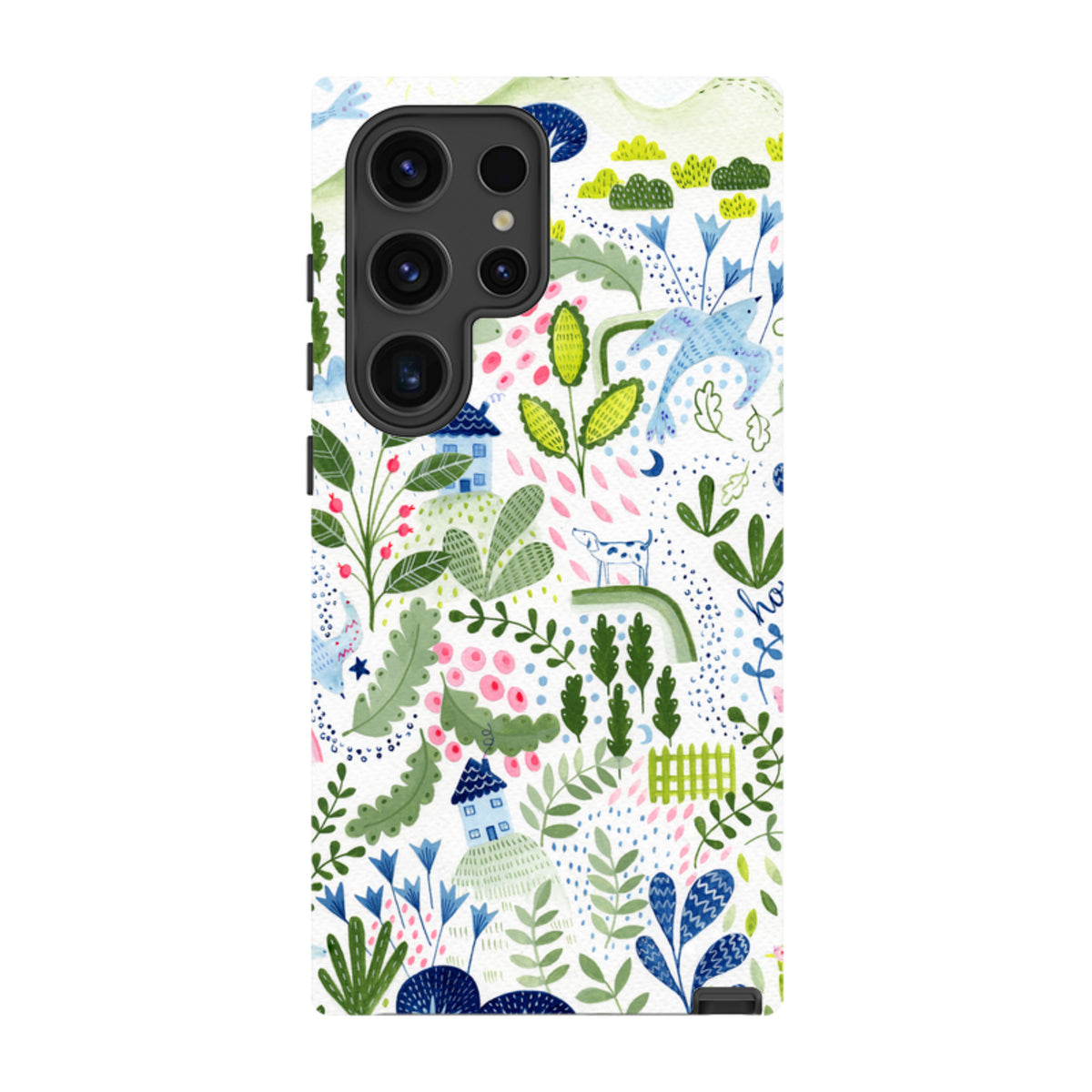 Samsung Tough Case featuring Bex Parkin's whimsical floral, house, and bird illustration on a white dual-layer shell.