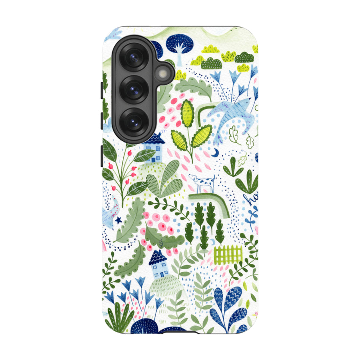 Samsung Tough Case featuring Bex Parkin's whimsical floral, house, and animal art in blue, green, and pink on white.