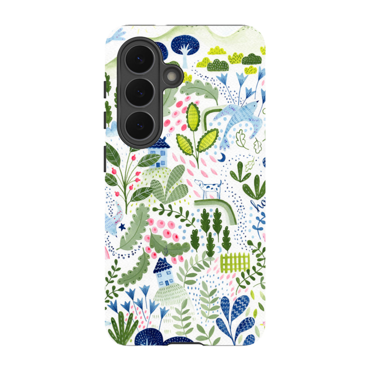 Samsung Tough Case featuring Bex Parkin’s colorful floral, house, and animal pattern on a durable dual-layer shell.