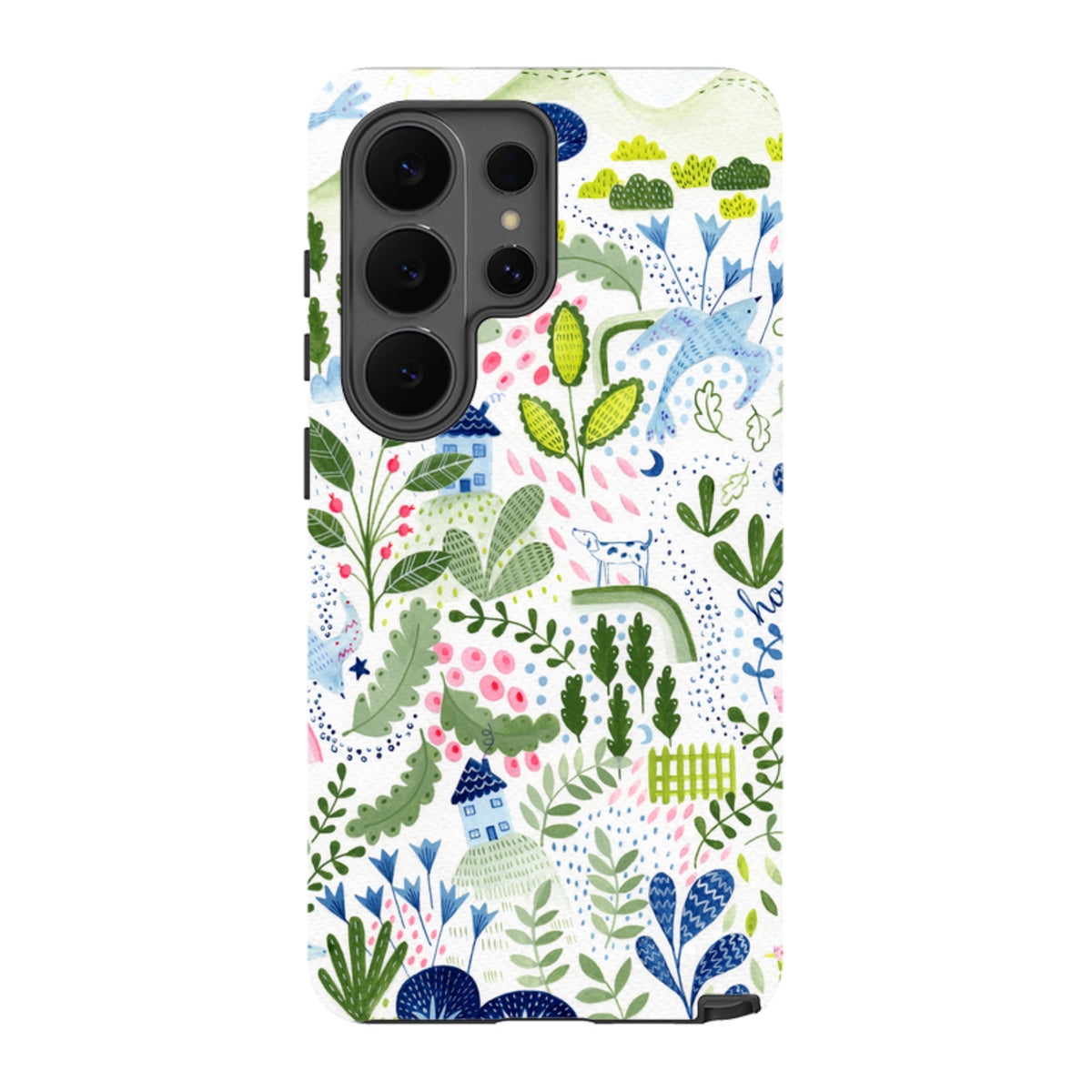 Samsung Tough Case featuring a whimsical Bex Parkin botanical and house pattern with blue, green, and pink illustrations.
