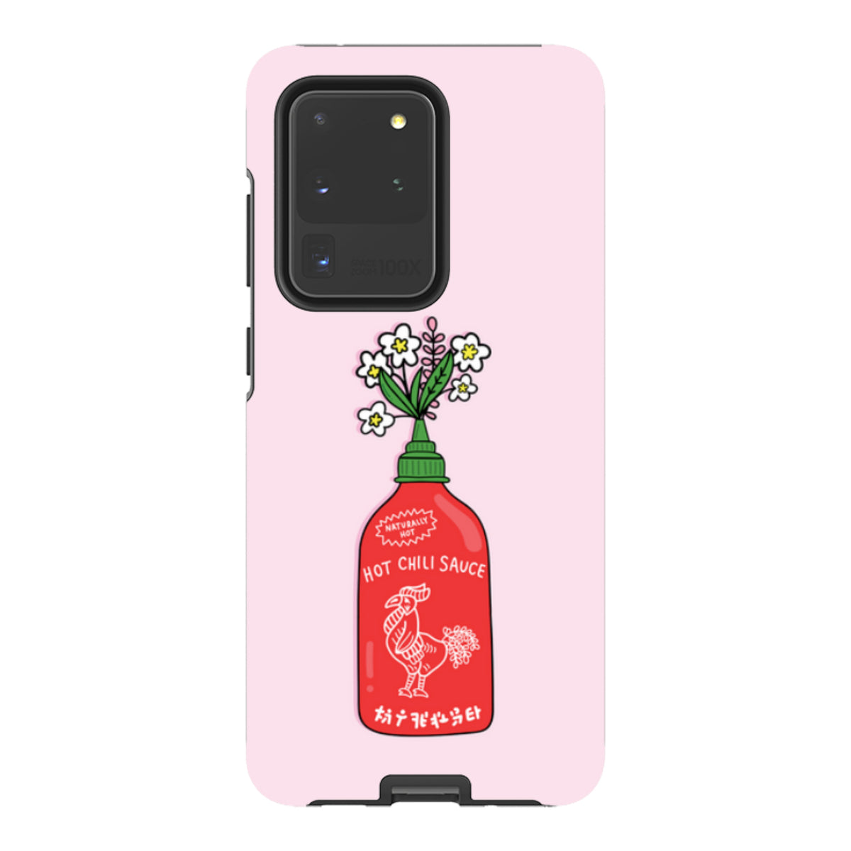 Samsung Galaxy tough case in light pink featuring a hot chili sauce bottle illustration with white flowers.