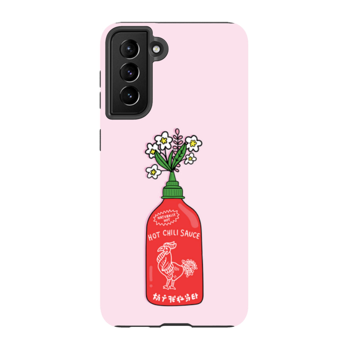 Samsung Tough Case featuring a hot sauce bottle illustration with flowers on a light pink background.