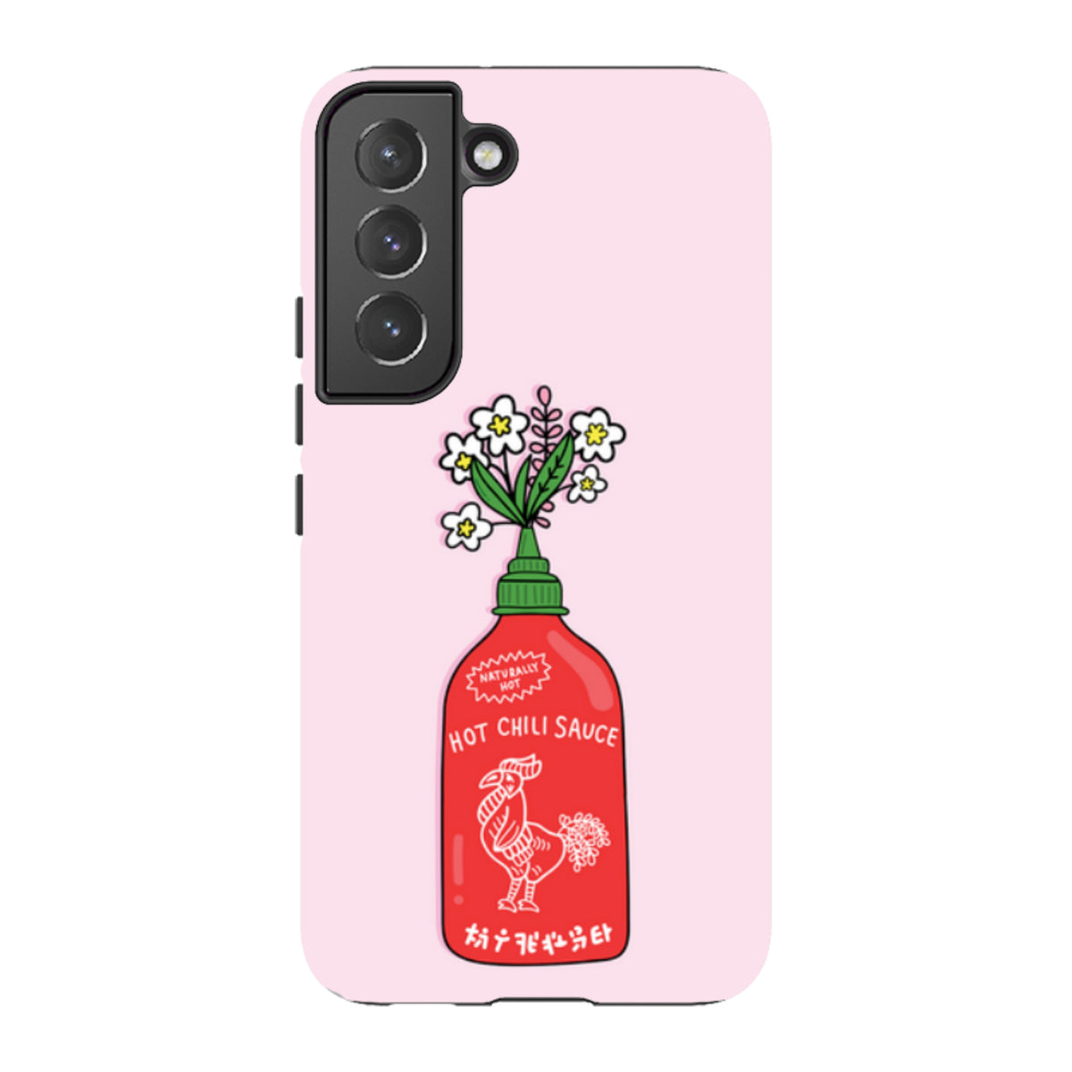 Pink Samsung tough case featuring a red hot chili sauce bottle illustration with white flowers and a rooster design.