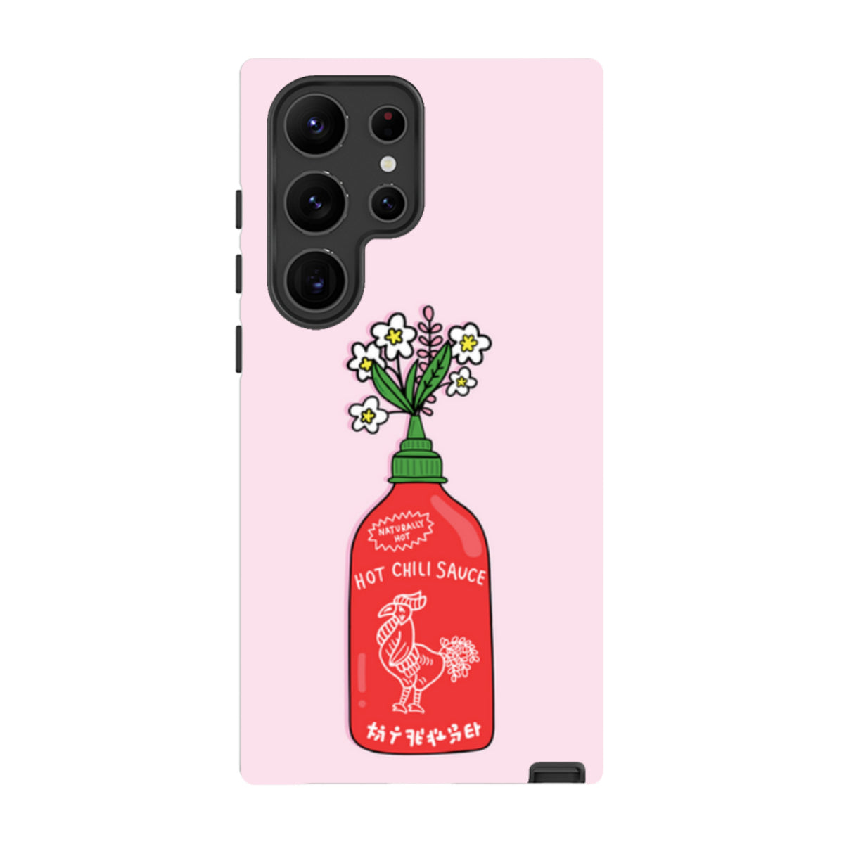 Samsung Galaxy tough case in light pink featuring a hot chili sauce bottle illustration with white flowers.