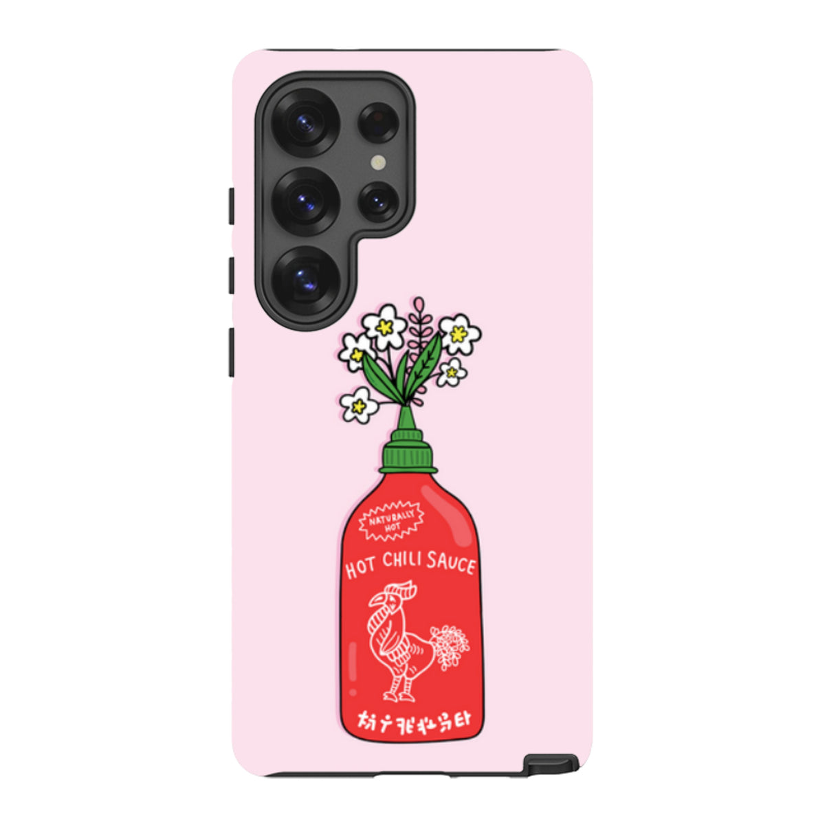 Samsung Galaxy tough case in light pink featuring a red hot chili sauce bottle illustration with white flowers.