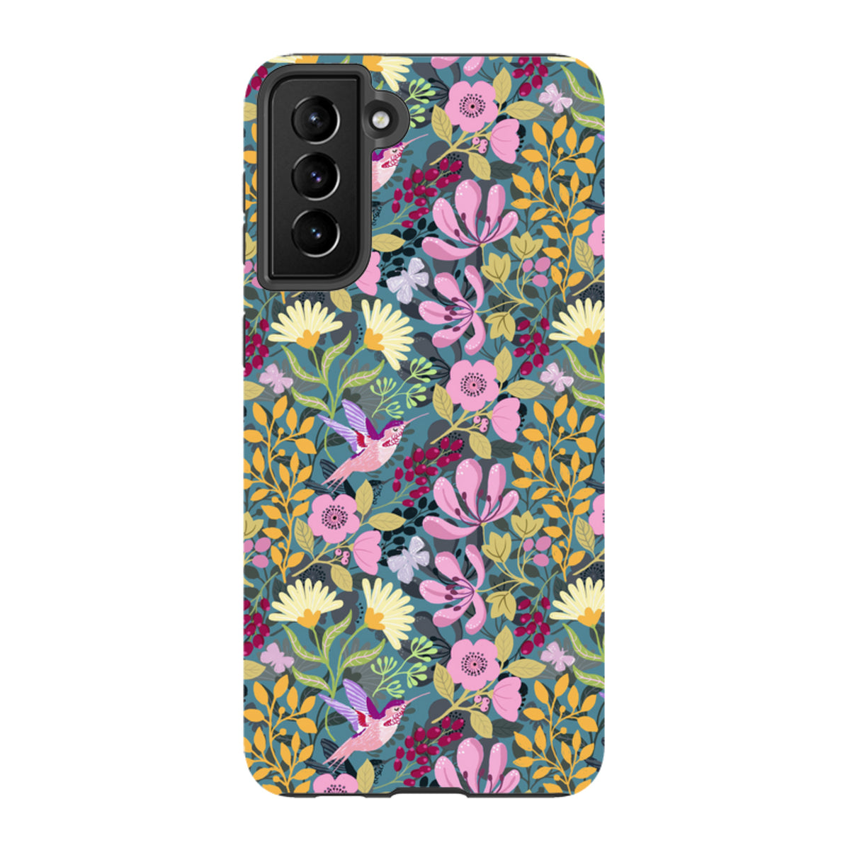 Samsung Tough Case featuring a vibrant hummingbird and floral pattern in pink, yellow, and teal on a dual-layer shell.
