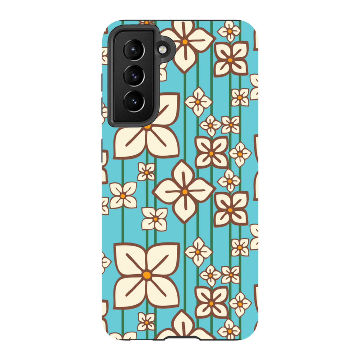 Samsung Tough Case featuring a teal background with a cream and brown floral hydrangea pattern by Amelia Bowman.