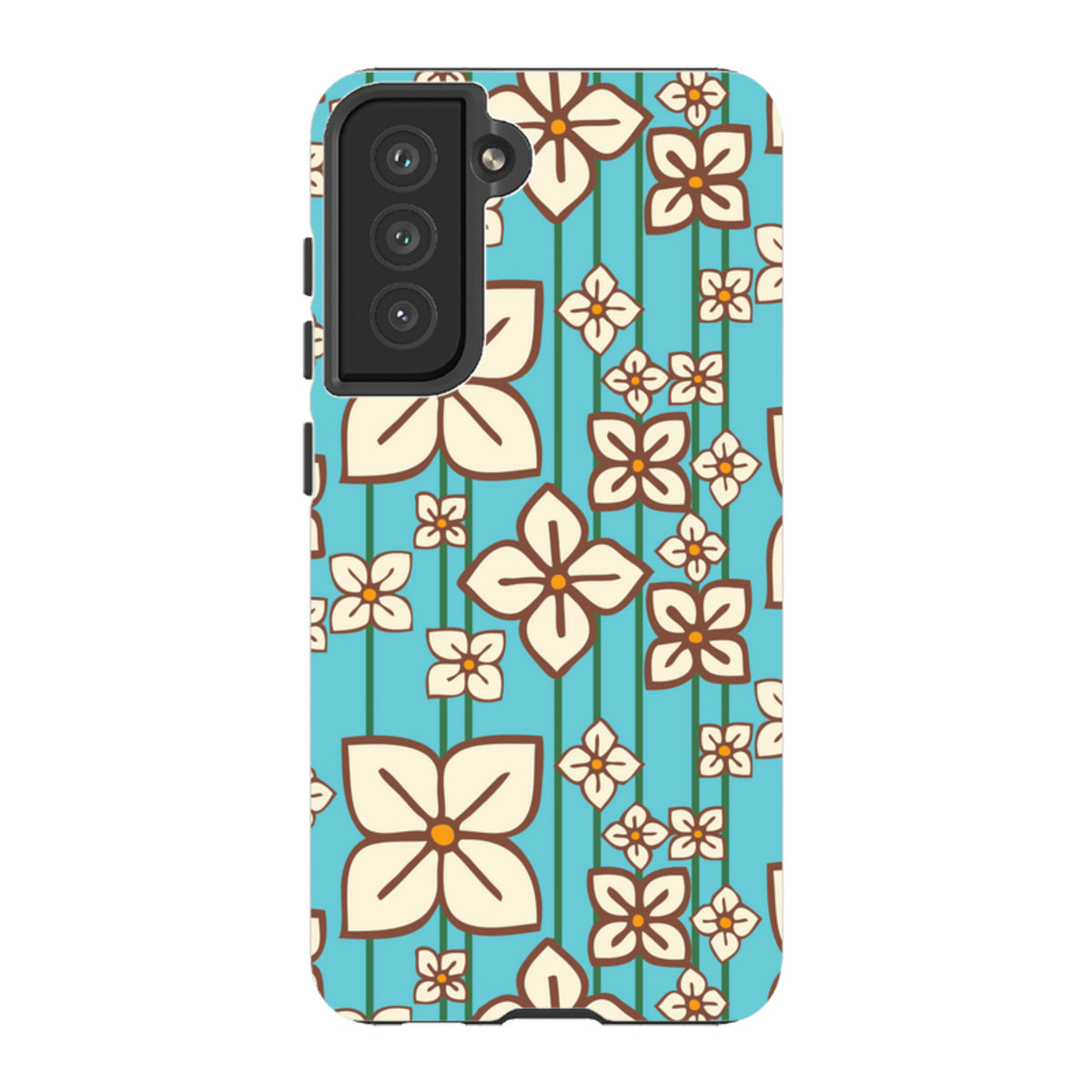 Samsung Tough Case featuring a blue background with a white hydrangea floral pattern and dual-layer protective shell.