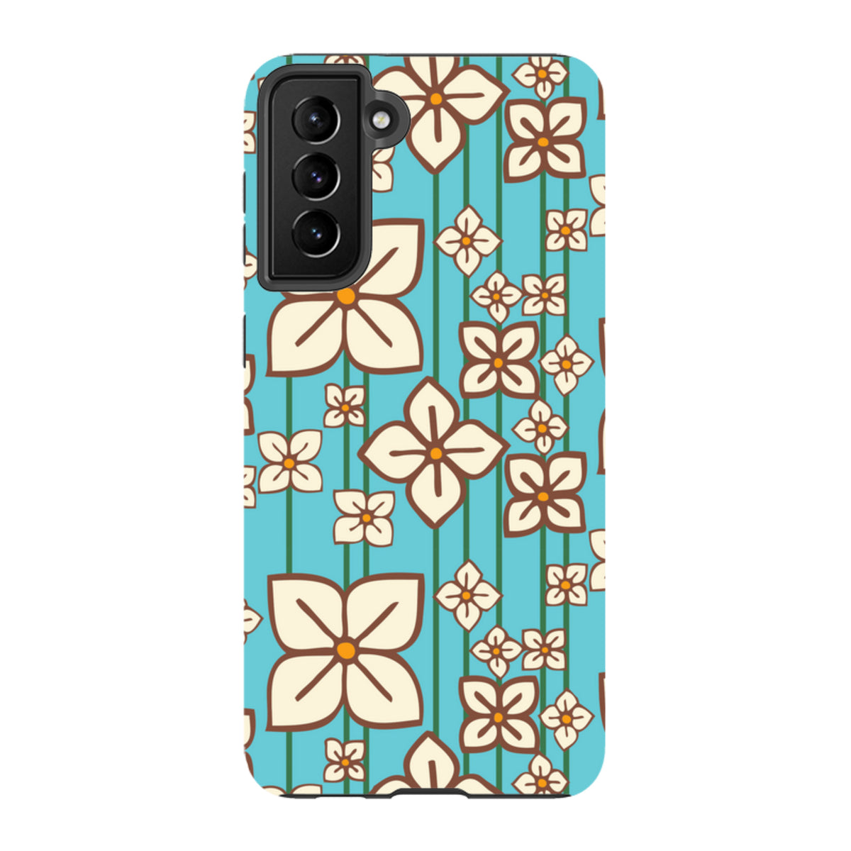 Samsung tough phone case featuring a blue background with a white and brown hydrangea floral pattern by Amelia Bowman.