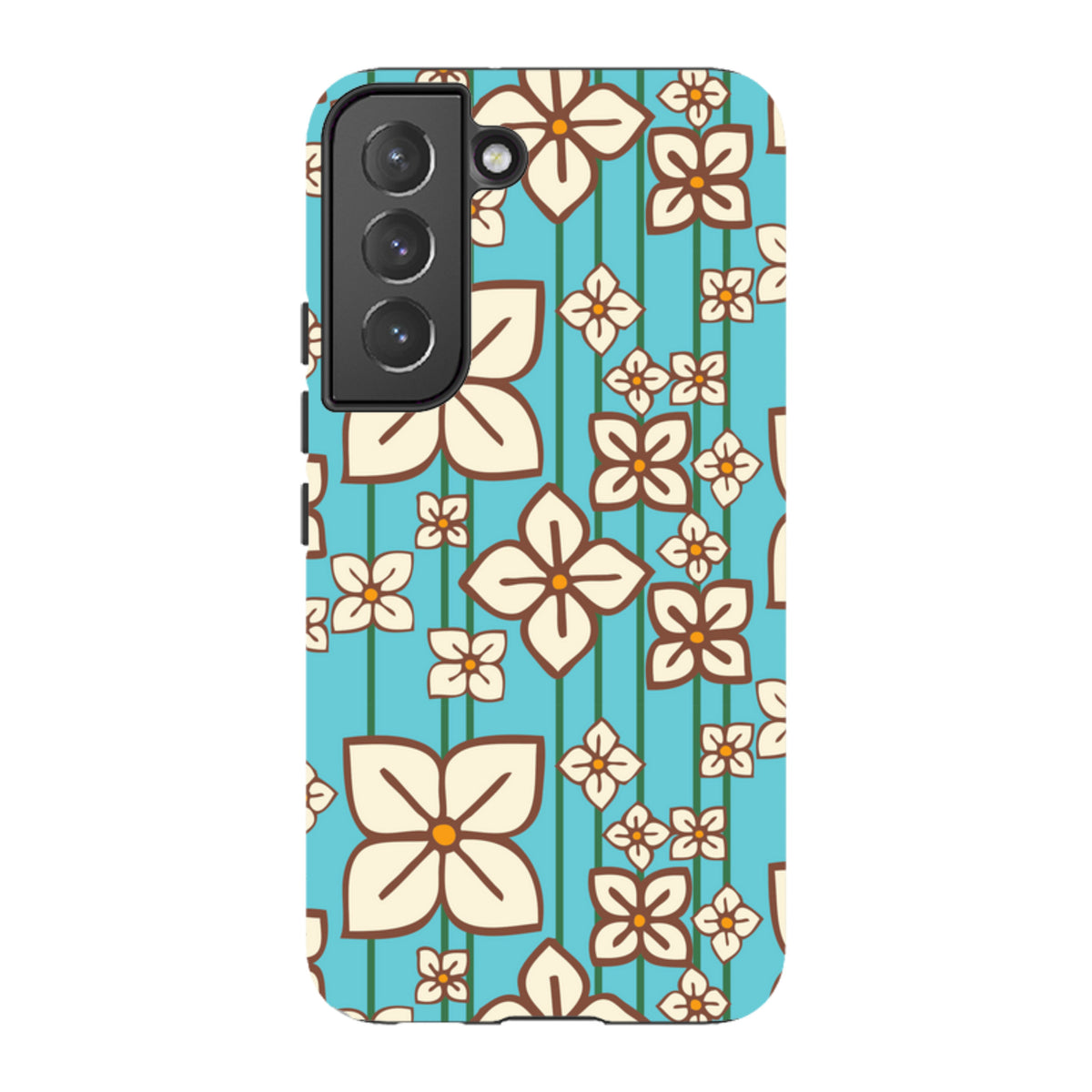 Samsung Tough Case featuring a blue background with a white hydrangea floral pattern and dual-layer protective design.