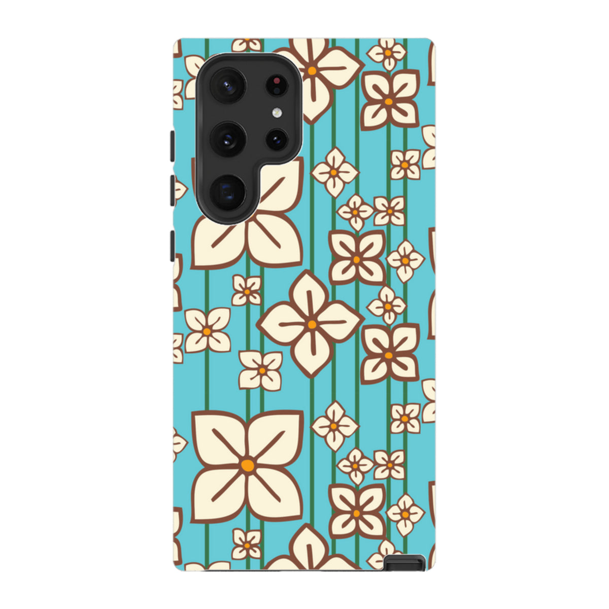 Samsung Tough Case featuring a teal background with a white and brown hydrangea floral pattern by Amelia Bowman.