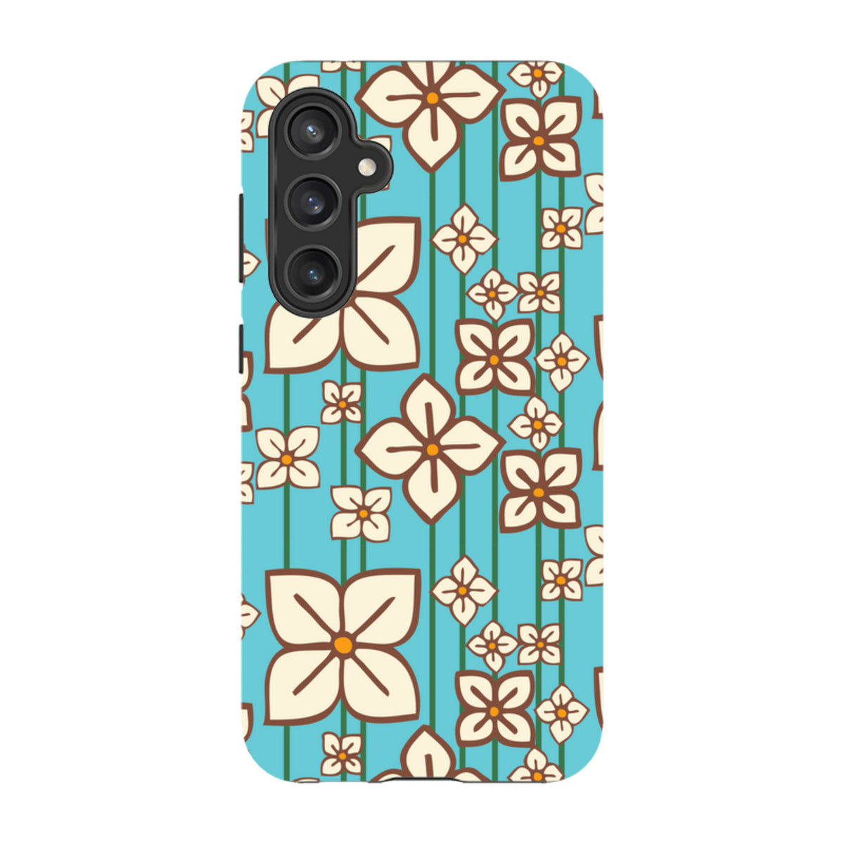 Samsung Tough phone case with a blue background and white hydrangea floral pattern by Amelia Bowman.