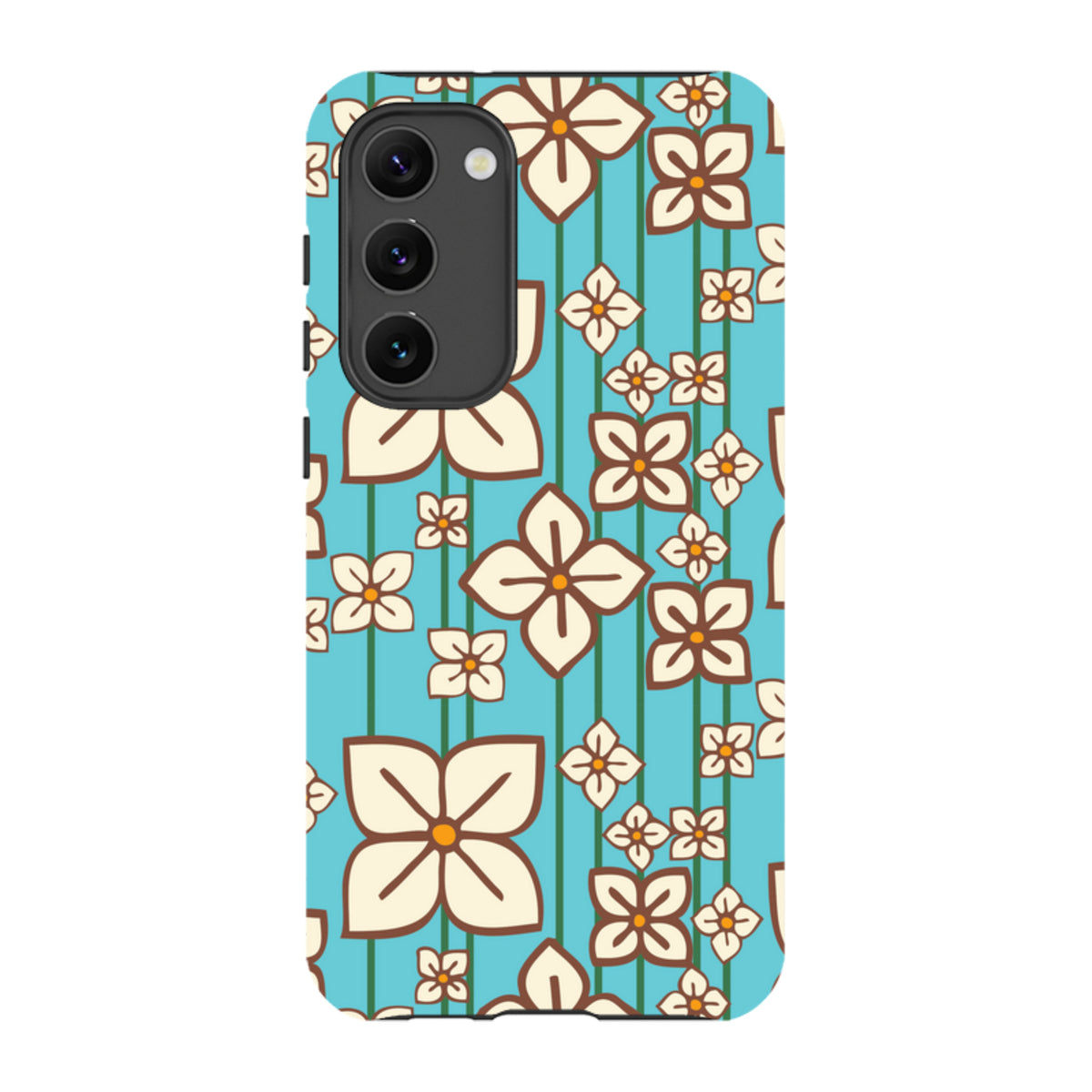 Samsung Tough Case with a teal background and white hydrangea floral pattern by Amelia Bowman for Galaxy phones.