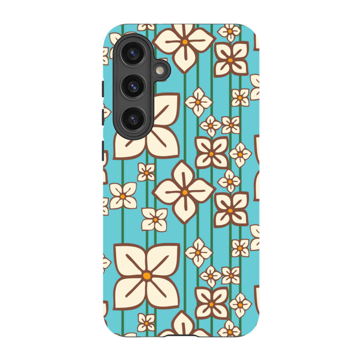 Samsung Tough Case featuring a blue background with a white and brown hydrangea floral pattern by Amelia Bowman.