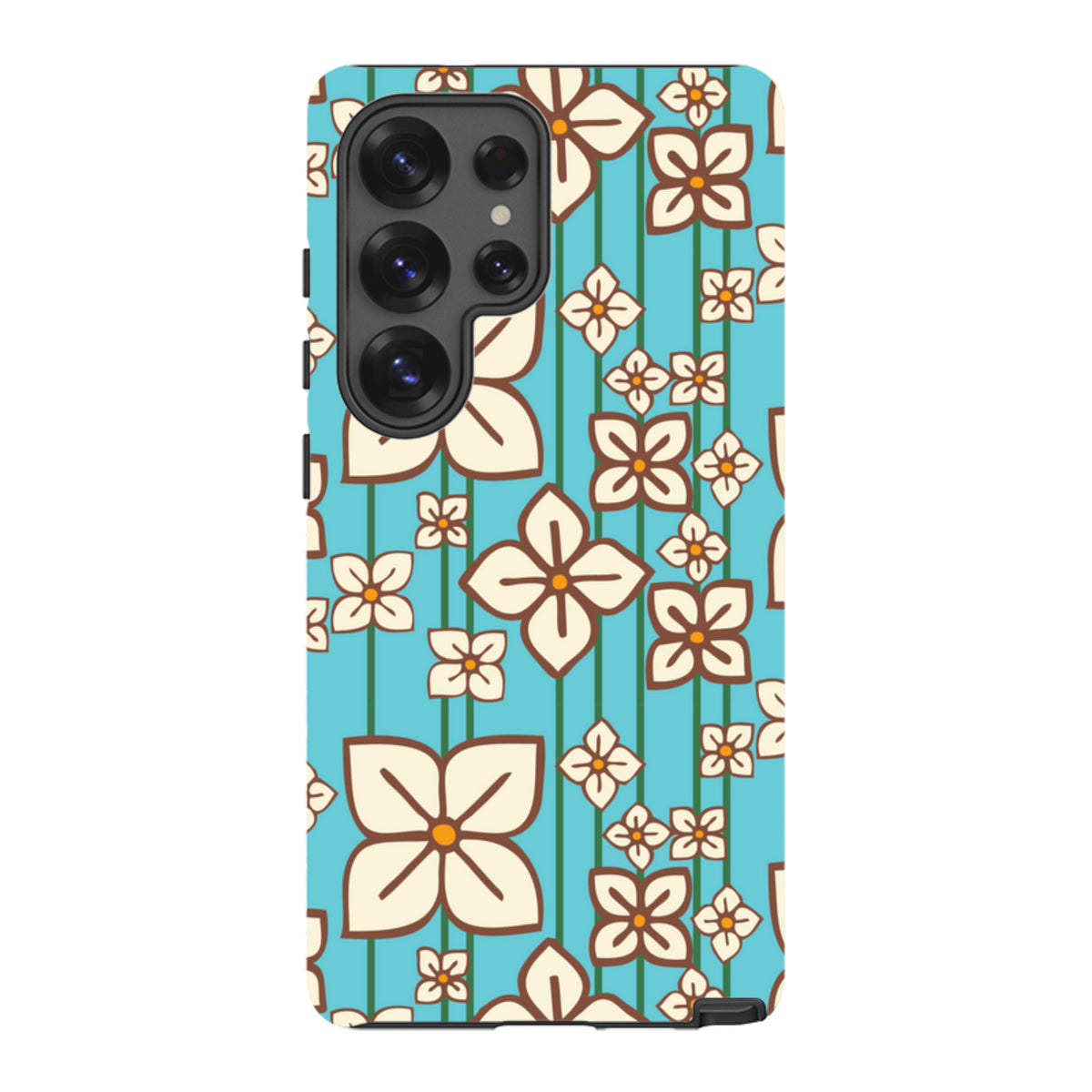 Samsung Tough Case featuring a blue background with a white and brown hydrangea floral pattern by Amelia Bowman.