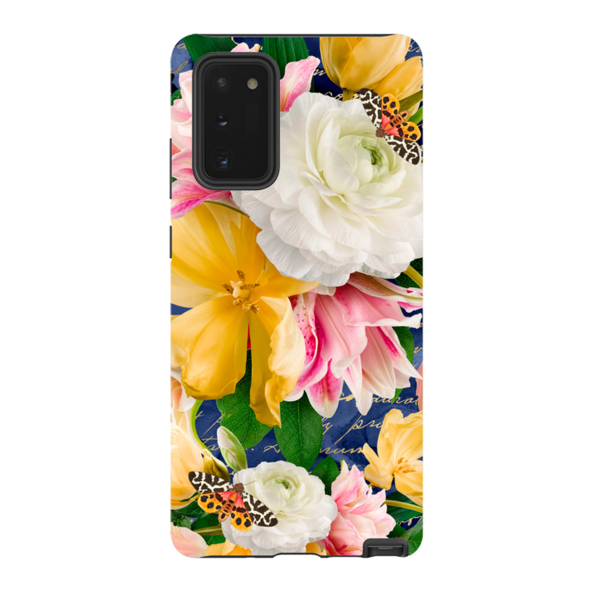 Samsung tough phone case with a vibrant floral and butterfly print on a dark blue background with dual-layer protection.