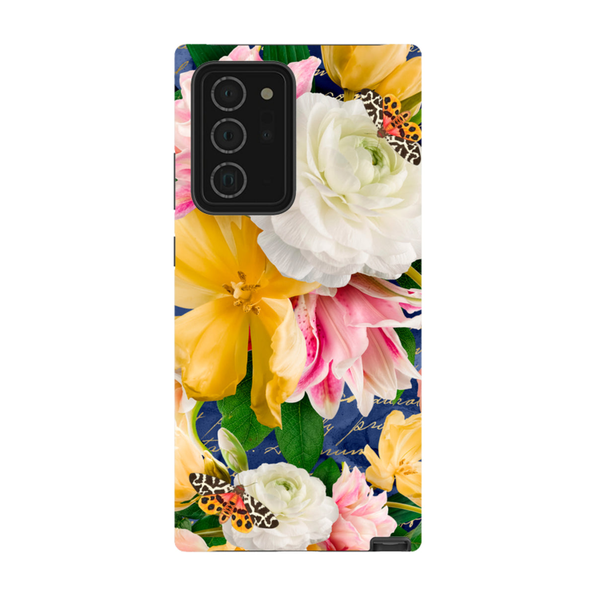 Samsung Tough Case featuring a vibrant floral and butterfly print on a dark blue background with dual-layer protection.