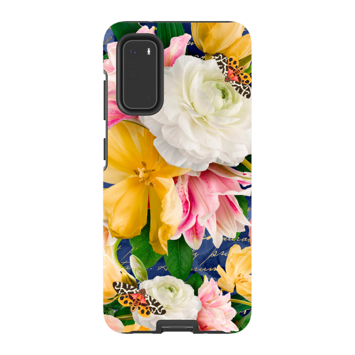 Samsung Tough Case featuring a vibrant floral design with white and yellow flowers, butterflies, and a dark blue background.