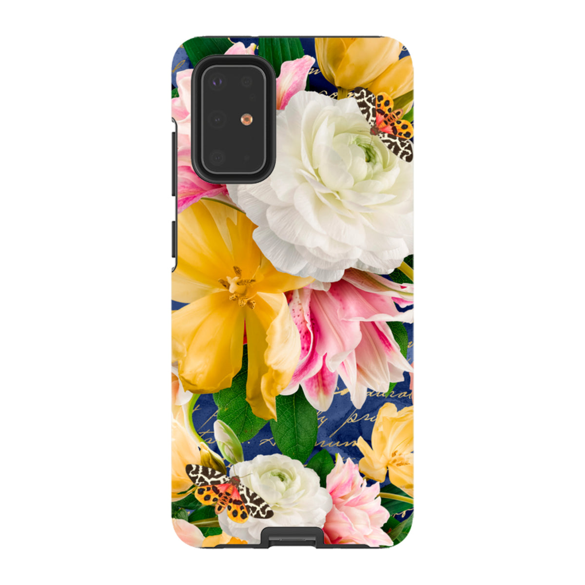 Samsung Tough Case featuring a vibrant floral design with butterflies on a dark blue background and dual-layer protection.