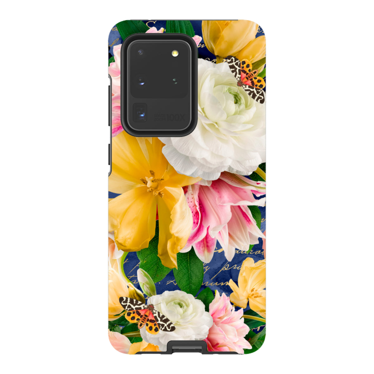 Samsung Tough Case featuring a vibrant floral and butterfly design on a dark blue background with dual-layer protection.