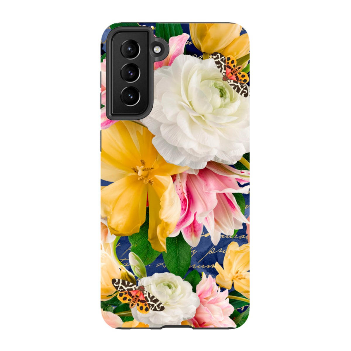 Samsung Tough Case featuring a vibrant floral design with butterflies on a dark blue background for Galaxy devices.