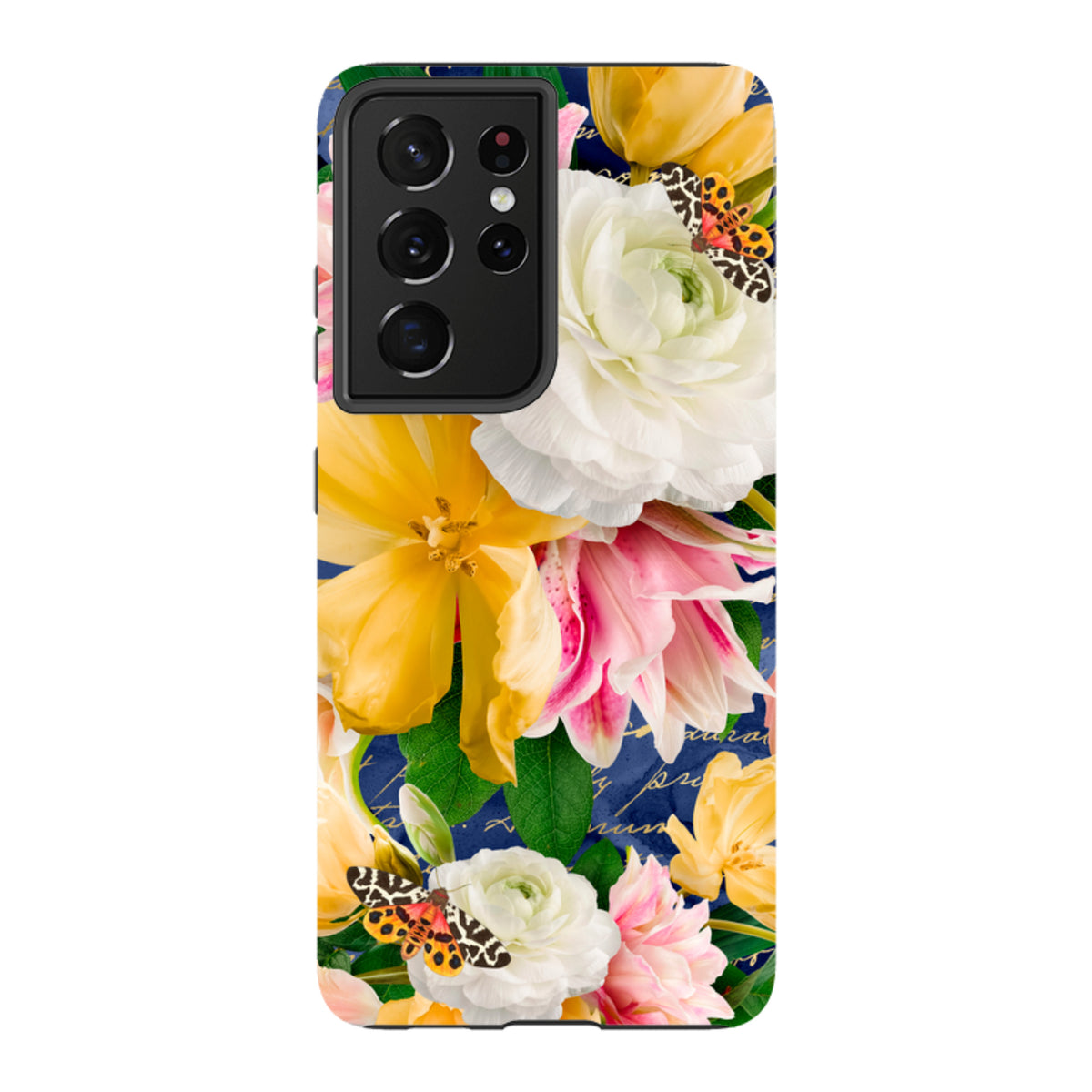 Samsung Tough Case featuring vibrant yellow and white flowers, butterflies, and script on a deep blue background.