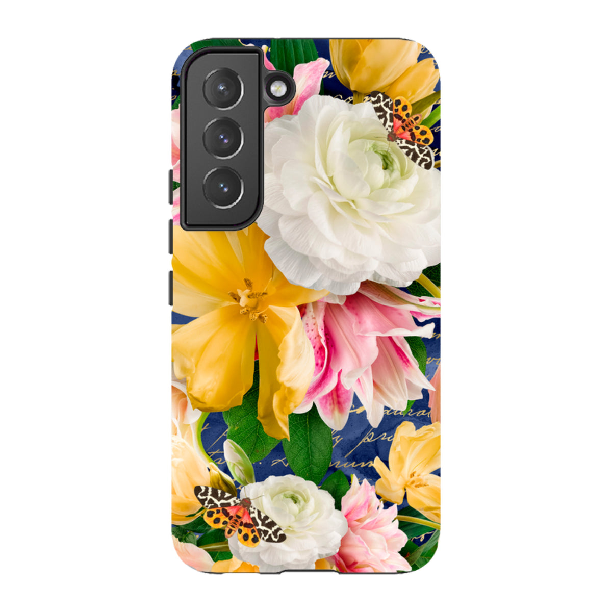Samsung Tough Case featuring a vibrant floral and butterfly print on a dark blue background with dual-layer protection.