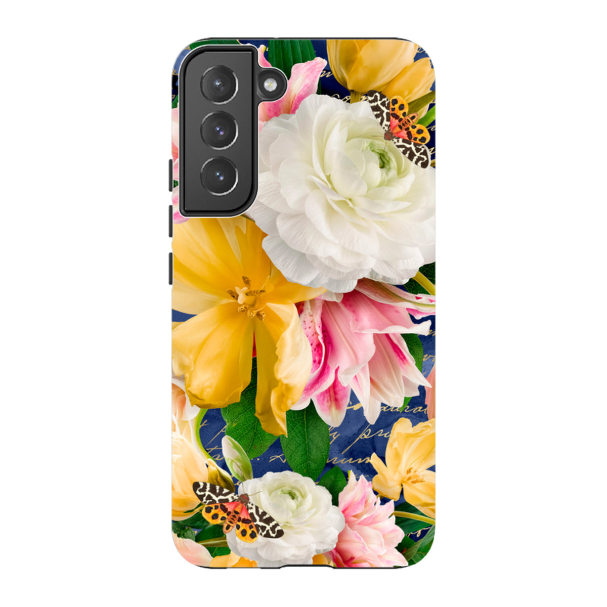 Samsung Tough Case featuring a vibrant floral and butterfly print on a dark blue background with dual-layer protection.