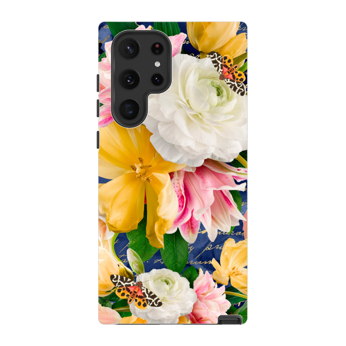 Samsung Tough Case featuring a vibrant floral design with yellow and white flowers, butterflies, and a dark blue background.