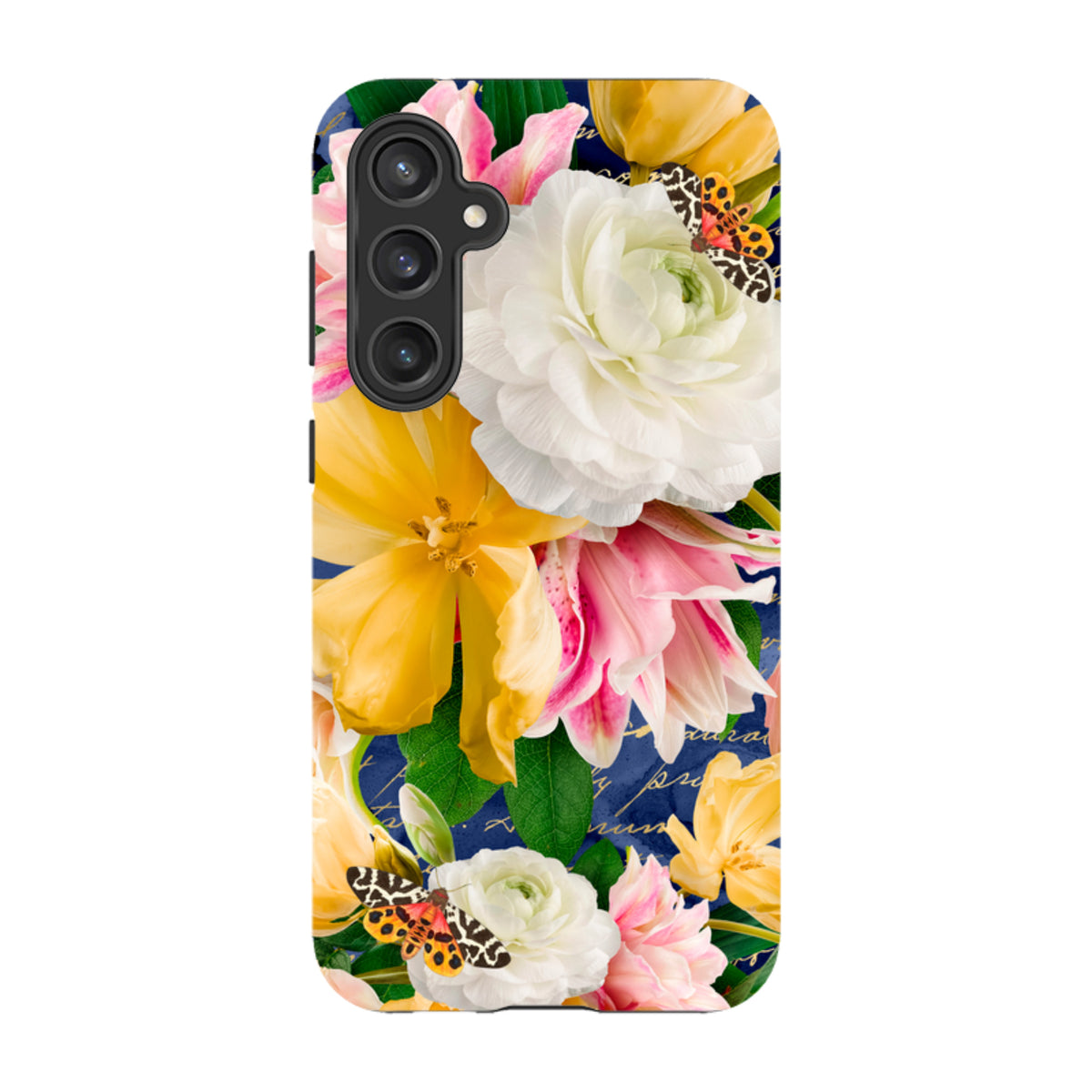 Samsung Tough Case featuring a vibrant floral design with yellow and white flowers, butterflies, and script on a blue background.