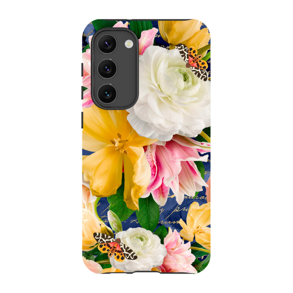 Samsung Tough Case featuring a vibrant floral design with white and yellow flowers, butterflies, and script on blue.