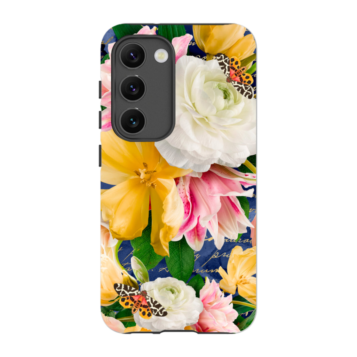 Samsung Tough Case featuring a vibrant floral and butterfly design on a dark blue background with dual-layer protection.