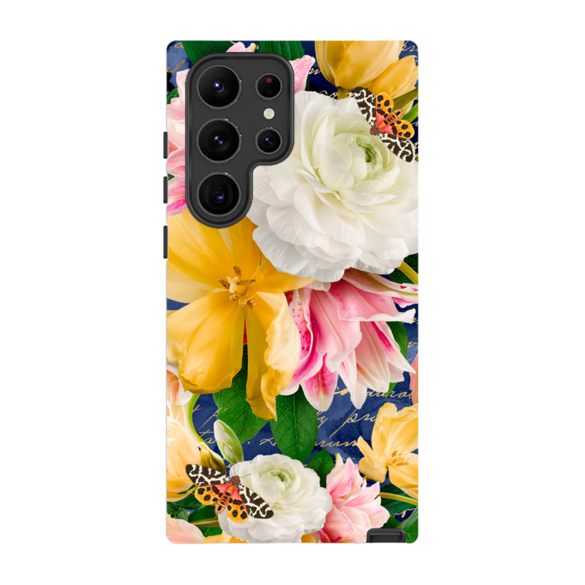 Samsung Tough Case featuring a vibrant floral and butterfly design on a dark blue background with dual-layer protection.
