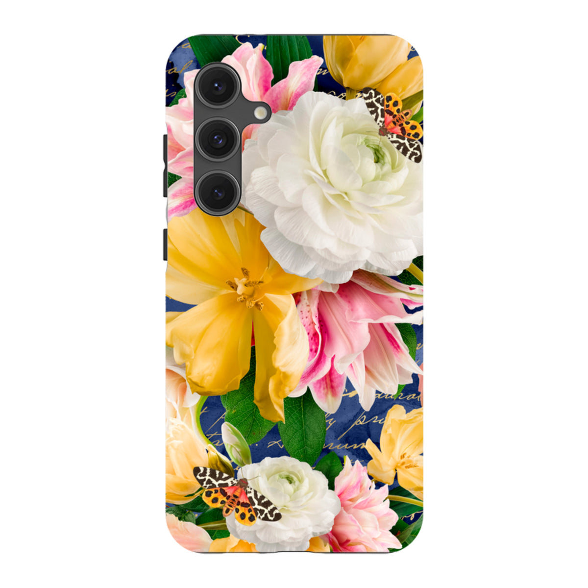 Samsung Tough Case featuring vibrant yellow and white flowers, butterflies, and gold script on a deep blue background.
