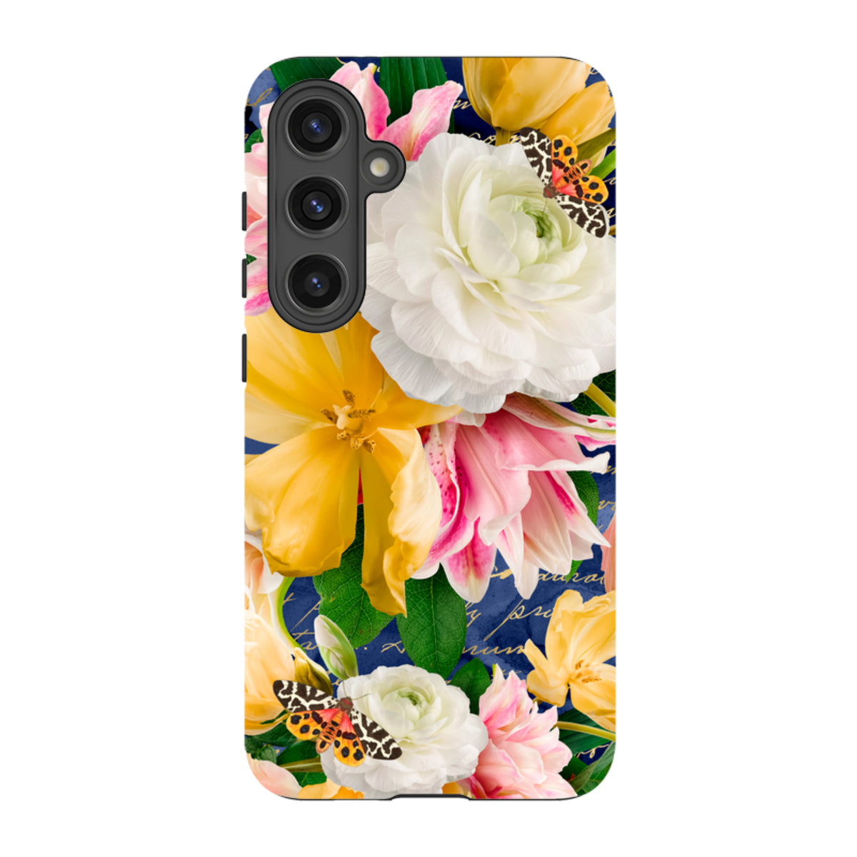 Samsung Tough Case featuring a vibrant floral design with yellow and white flowers, butterflies, and a dark blue background.