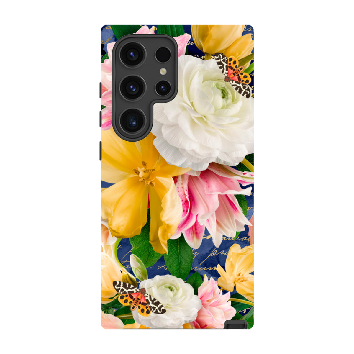 Samsung Tough Case featuring a vibrant floral and butterfly print on a dark blue background with dual-layer protection.