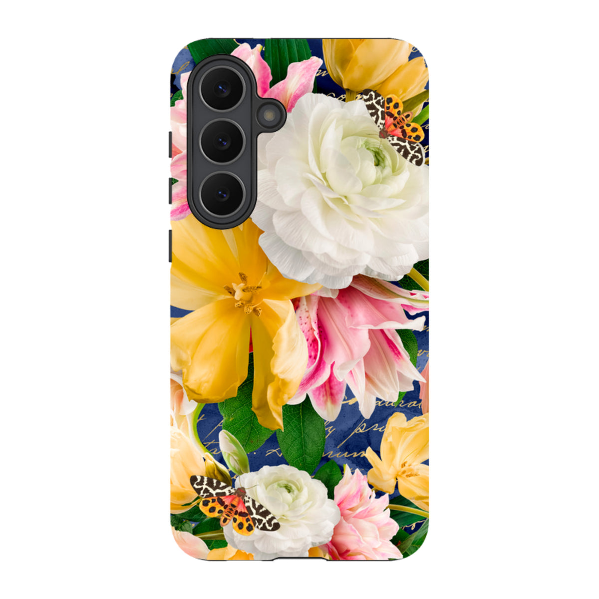 Samsung Tough Case featuring vibrant yellow and white floral art with butterflies on a dark blue background.
