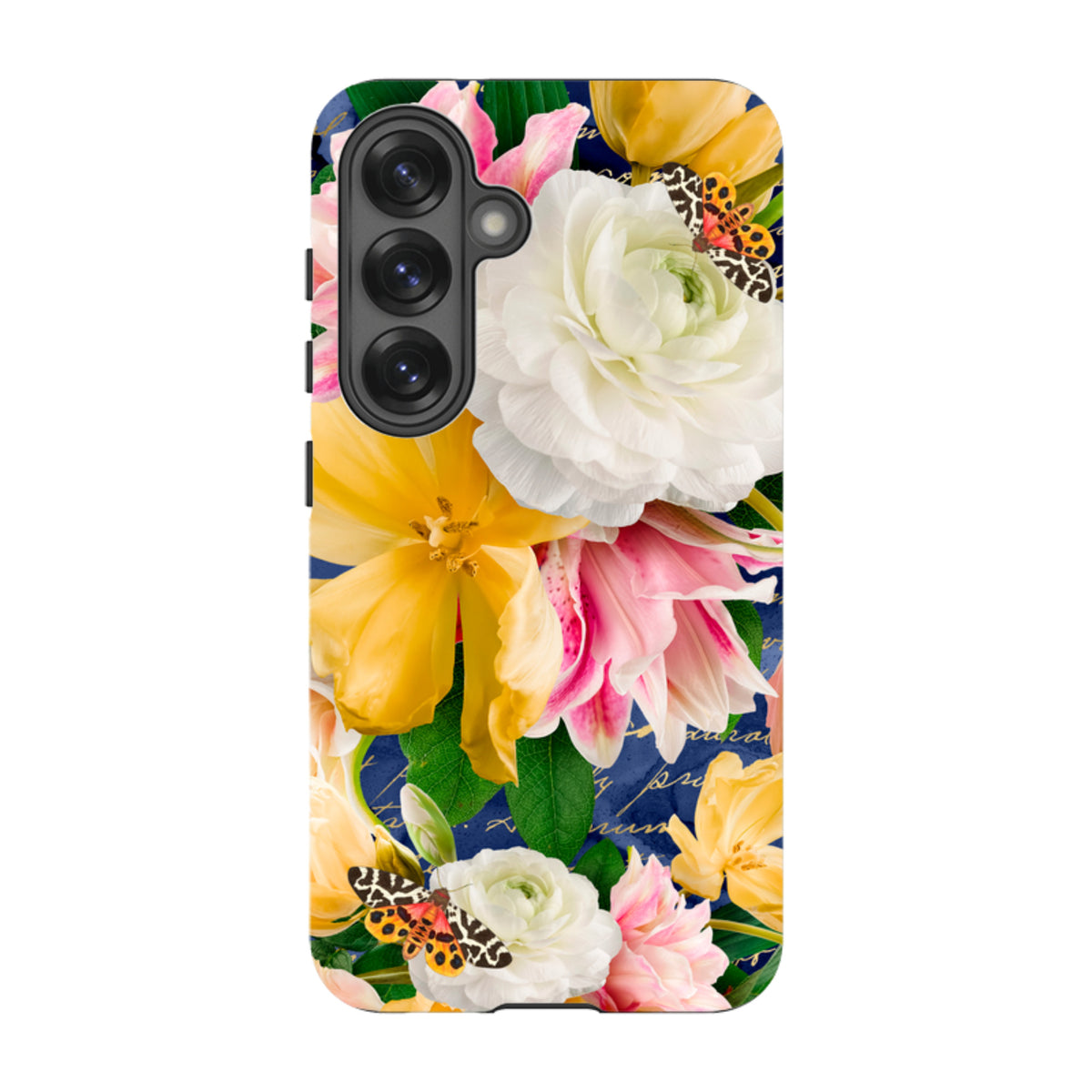 Samsung Tough Case featuring a vibrant floral and butterfly print on a dark blue background with dual-layer protection.