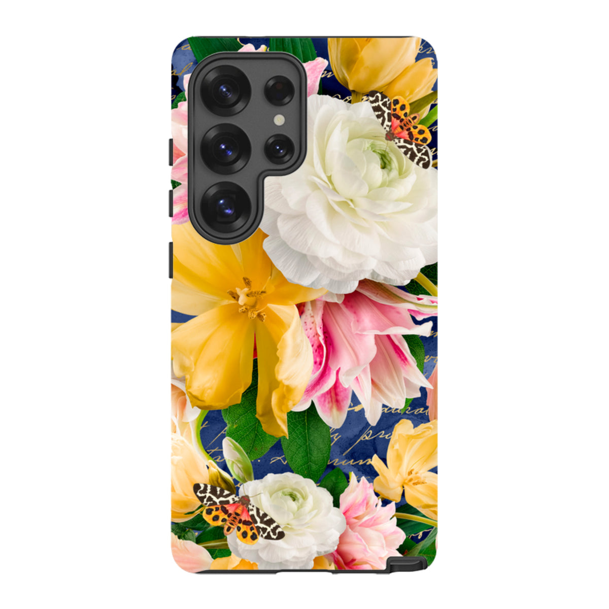Samsung Tough Case featuring a vibrant floral and butterfly design on a dark blue background with dual-layer protection.